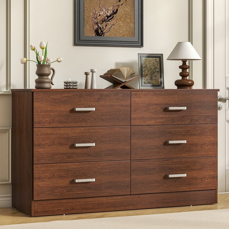 Double Dresser Transitional Chest With Metal Handles Warm Brown Wood