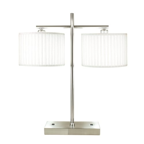 Double Table Lamp Brushed Nickel Dual Lamp Heads Integrated Outlets