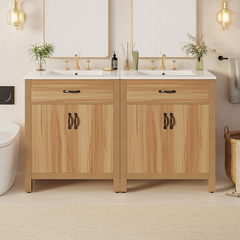 Double Vanity Cabinet, 60 Inch, Open Slatted Bottom Shelf