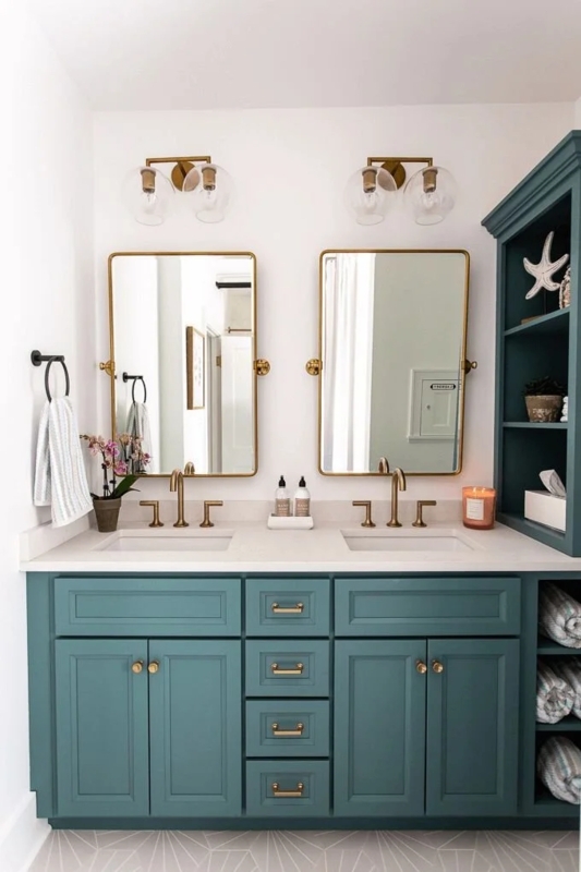 Double Vanity Teal Cabinetry with Integrated Open Shelving Wood Mirrors
