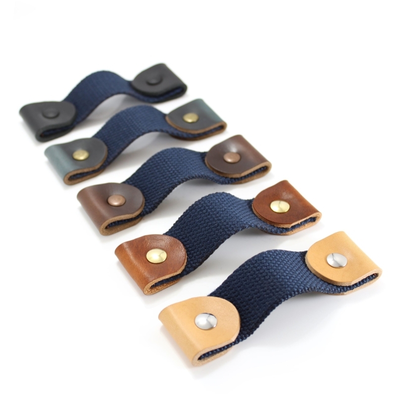 Drawer Handle Navy Blue Woven Webbing Strap Polished Gold Hardware