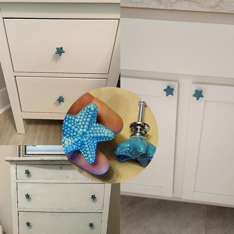 Drawer Knob Blue Ceramic Glaze Starfish Shape Glossy Coastal Decor