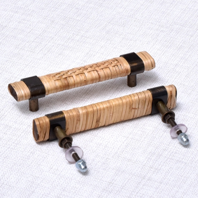 Drawer Knob: Flat Disc Silhouette, Woven Rattan Center, Wood Frame