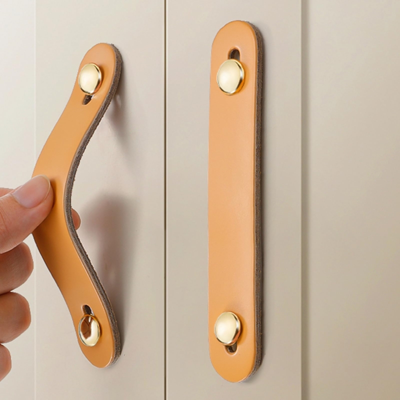 Drawer Pull: Beige Leather Like Strap with Gold Toned Hardware