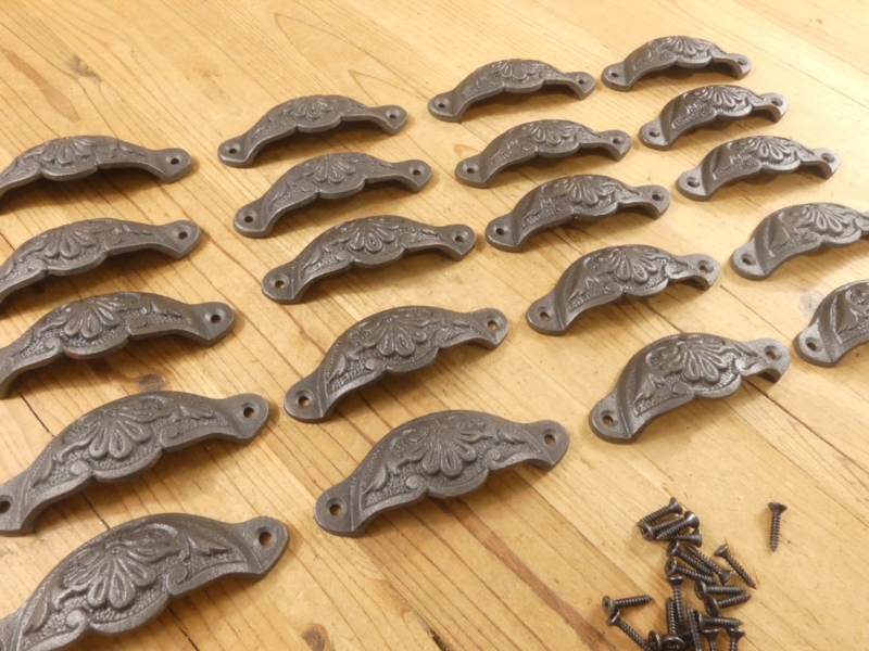 Drawer Pulls: Industrial Matte Black Iron Cup Handles, Vintage Bin Style Set