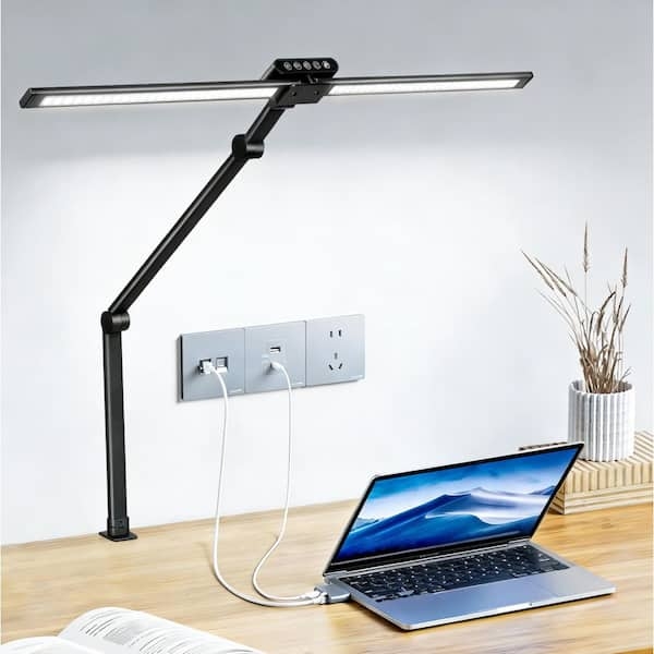 Dual Head Desk Lamp Black Matte Adjustable Swing Arm Clamp Base