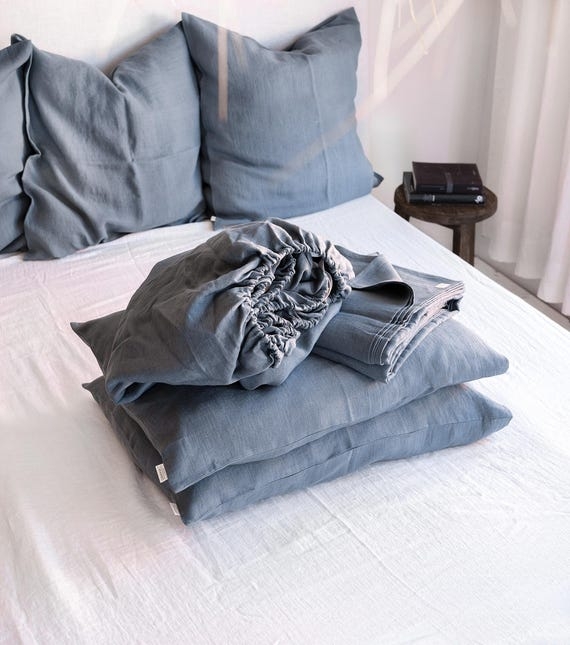Dusty Blue Linen Sheet Set | Natural Linen Textures, Cozy Minimalist Style