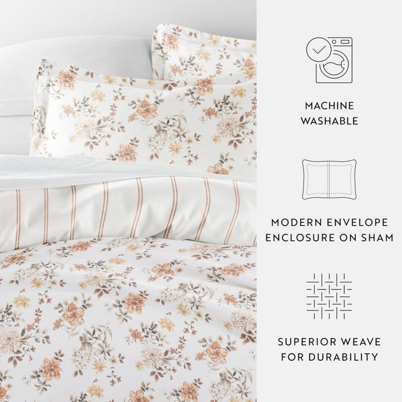 Duvet Cover Apricot Reversible Botanical Print Modern Cottage