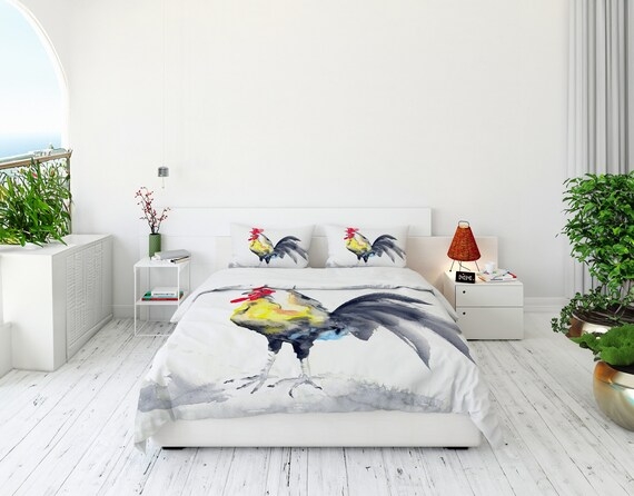 Duvet Cover featuring Watercolor Rooster Graphic Print