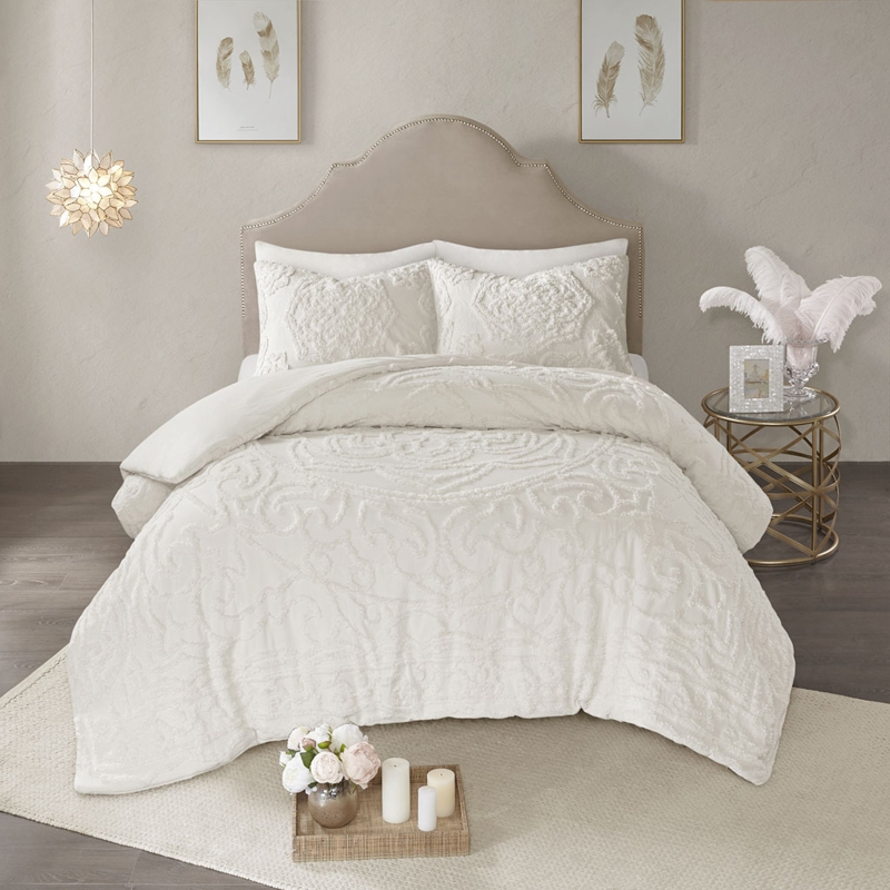 Duvet Cover Ivory Chenille Medallion Tufted, Shabby Chic Vintage Style