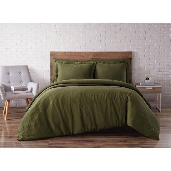 Duvet Cover Olive Green Woven Texture Linen Like Minimalist