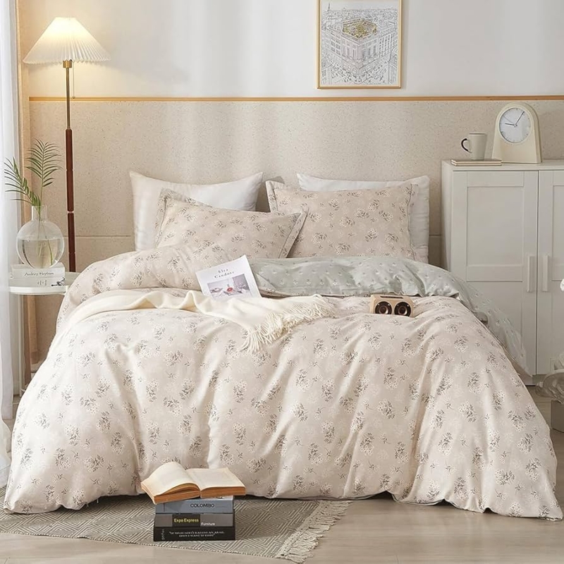 Duvet Cover, Reversible Botanical Print, Cottagecore Style, Pink Floral