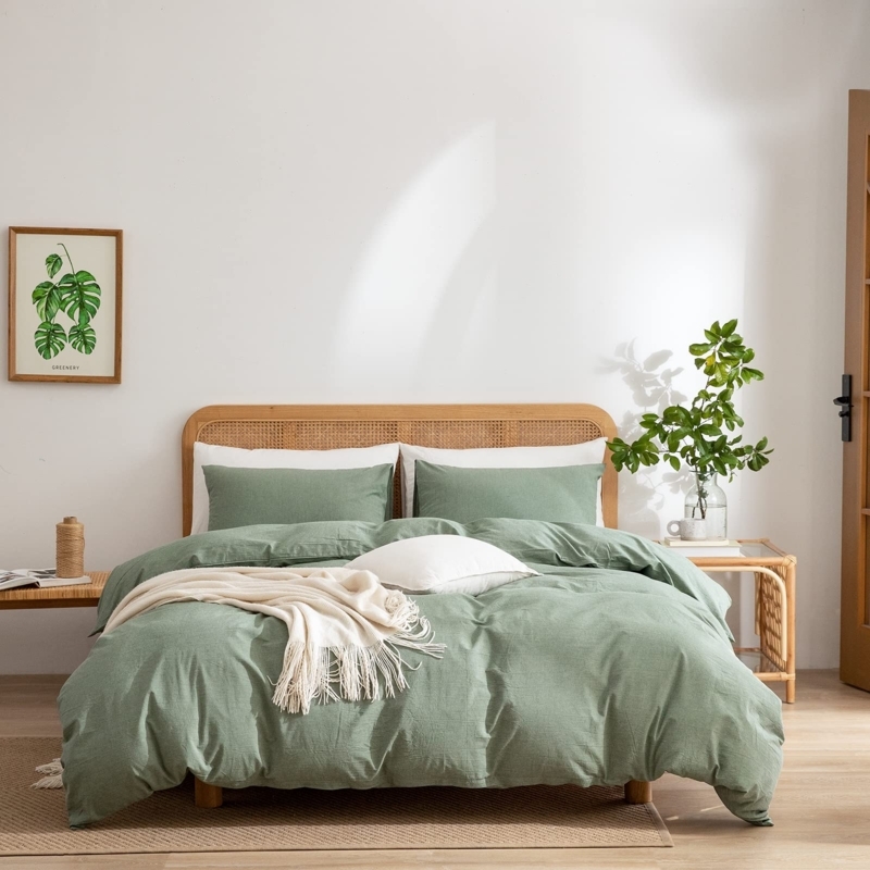 Duvet Cover Sage Green Washed Cotton Wrinkled Texture
