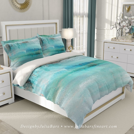 Duvet Cover Set: Abstract Painterly Ocean Print, Aqua Blue Tones