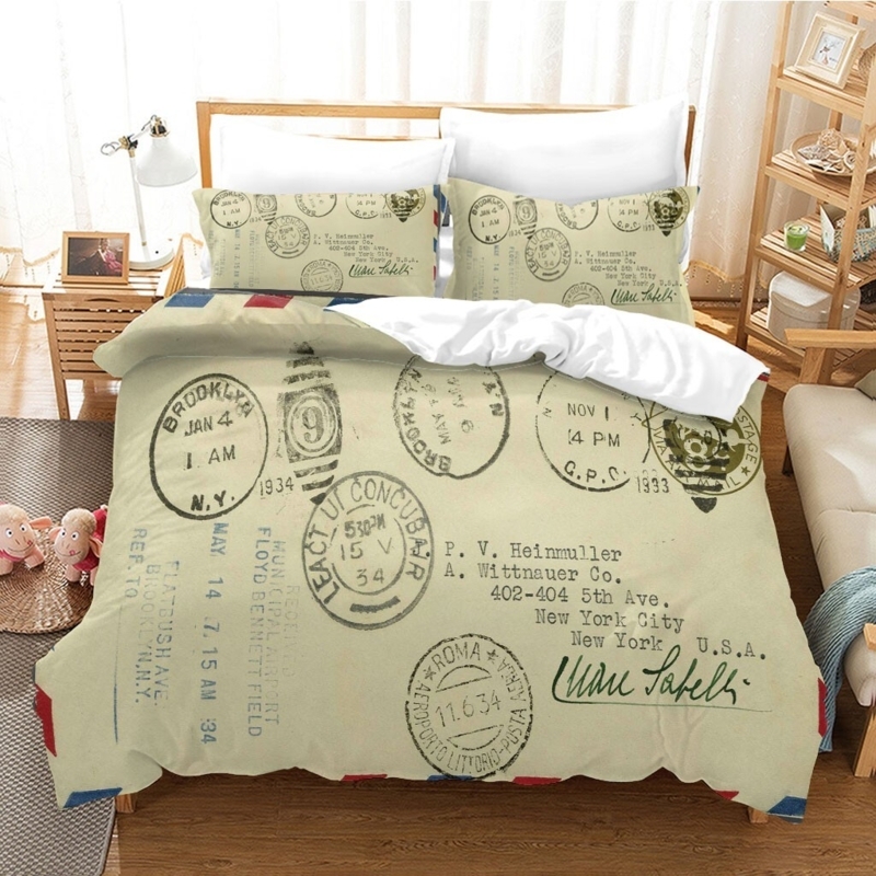 Duvet Cover Set Airmail Stripe Border Envelope Graphic Travel Theme
