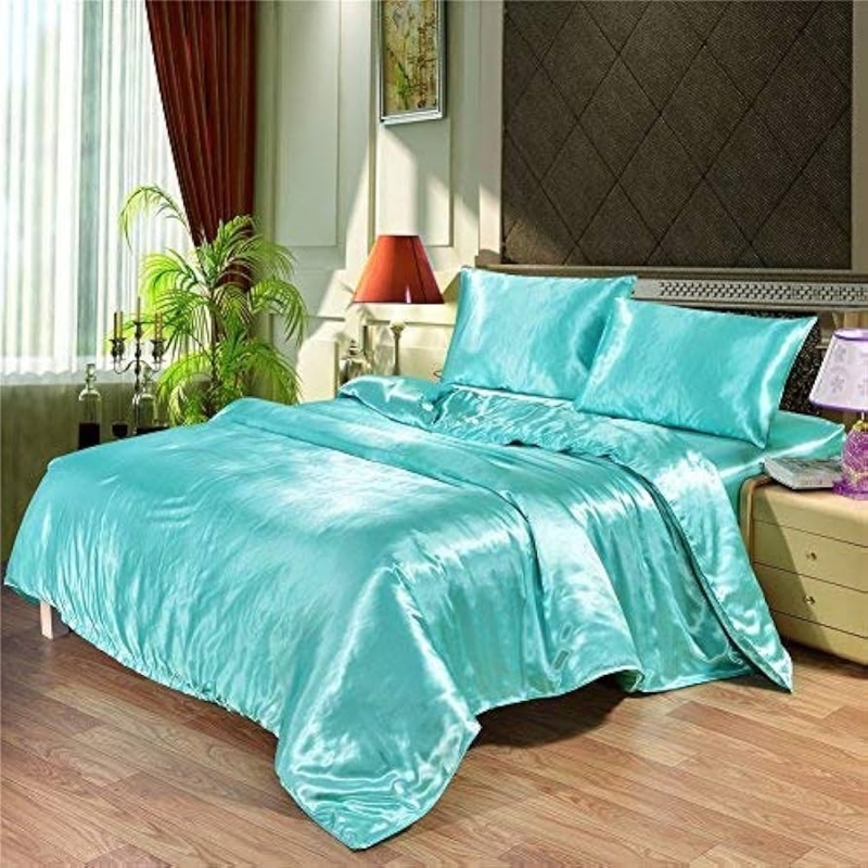 Duvet Cover Set Aqua Teal Satin High Gloss Finish Modern Glam