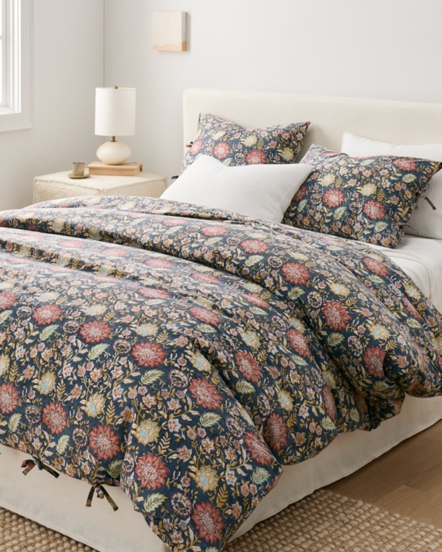 Duvet Cover Set Artisan Coastal Block Print Floral Indigo Percale