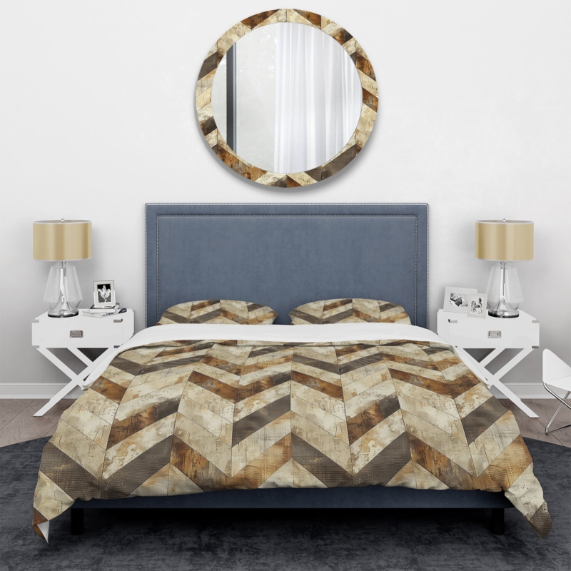 Duvet Cover Set Beige and Cream Large Scale Chevron Geometric