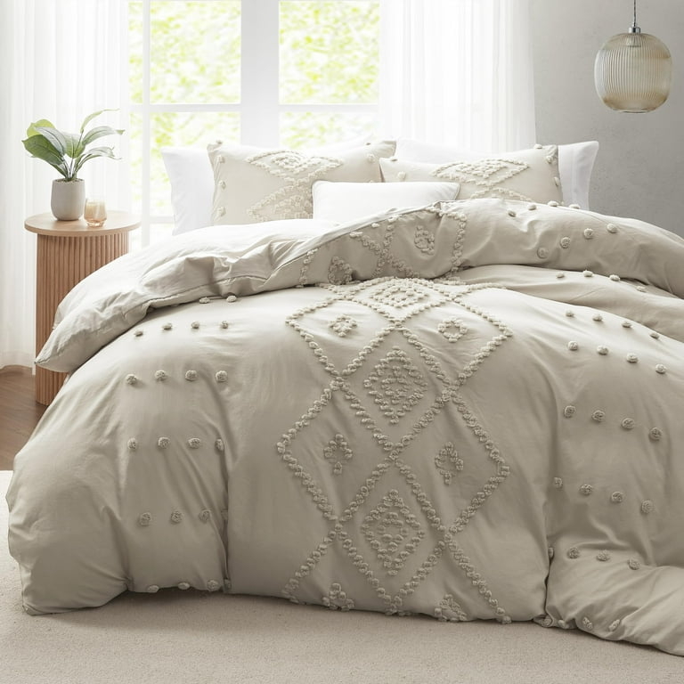 Duvet Cover Set Beige Geometric Tufted Embroidery, Neutral Textured Styling