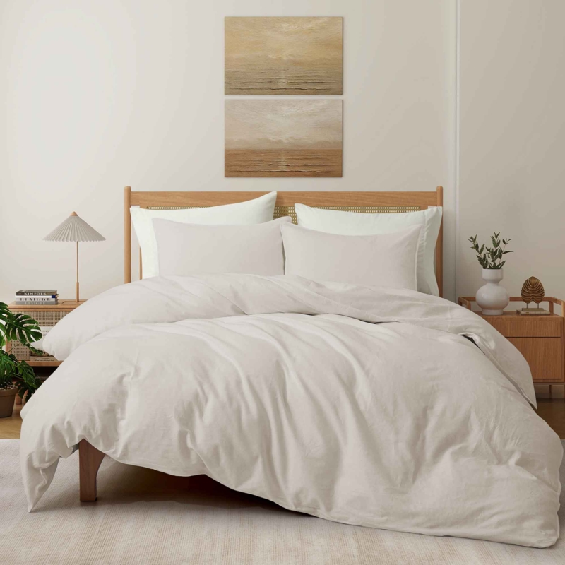 Duvet Cover Set Beige Linen Blend Textured with Visible Buttons