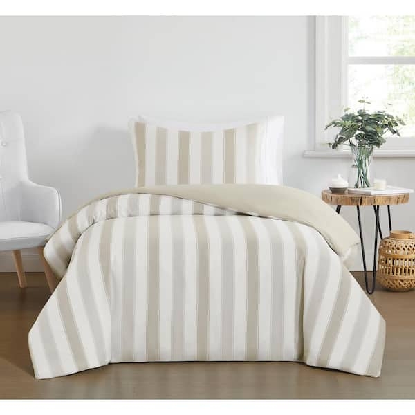 Duvet Cover Set, Beige Pinstripe Pattern, Neutral Palette, Coastal Style Striped Duvet