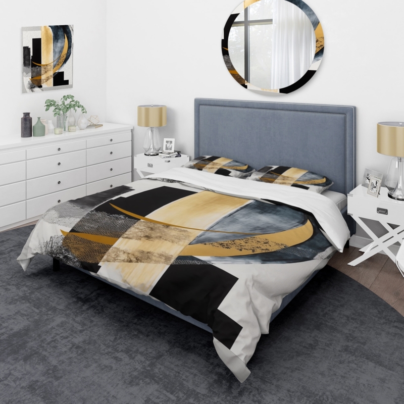 Duvet Cover Set Black Gold Art Deco Geometric Abstract Print Bold