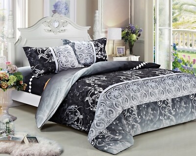 Duvet Cover Set: Black Paisley Print, High Contrast Floral Traditional.