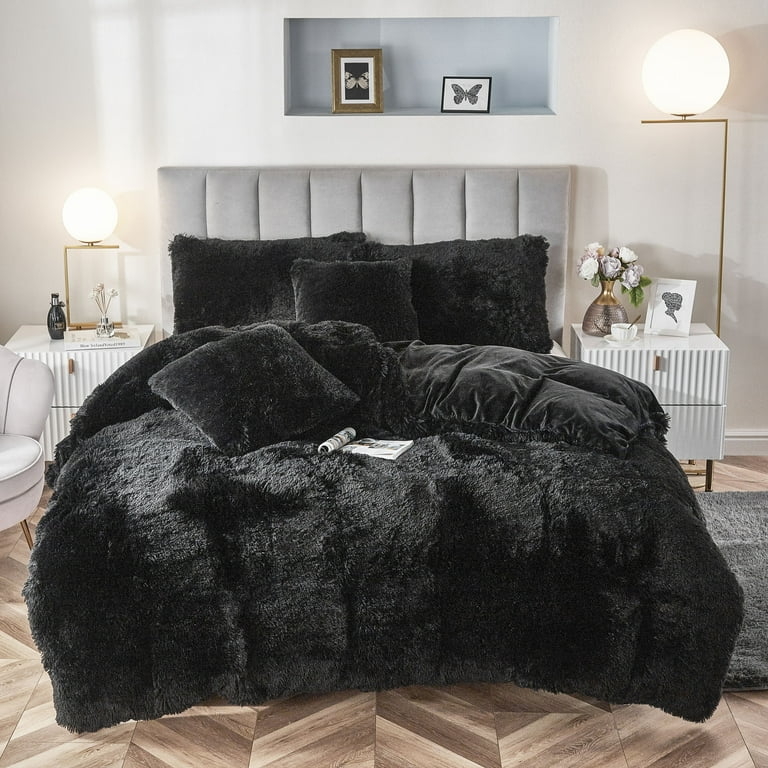 Duvet Cover Set Black Shaggy Faux Fur Velvet Like Modern Glam