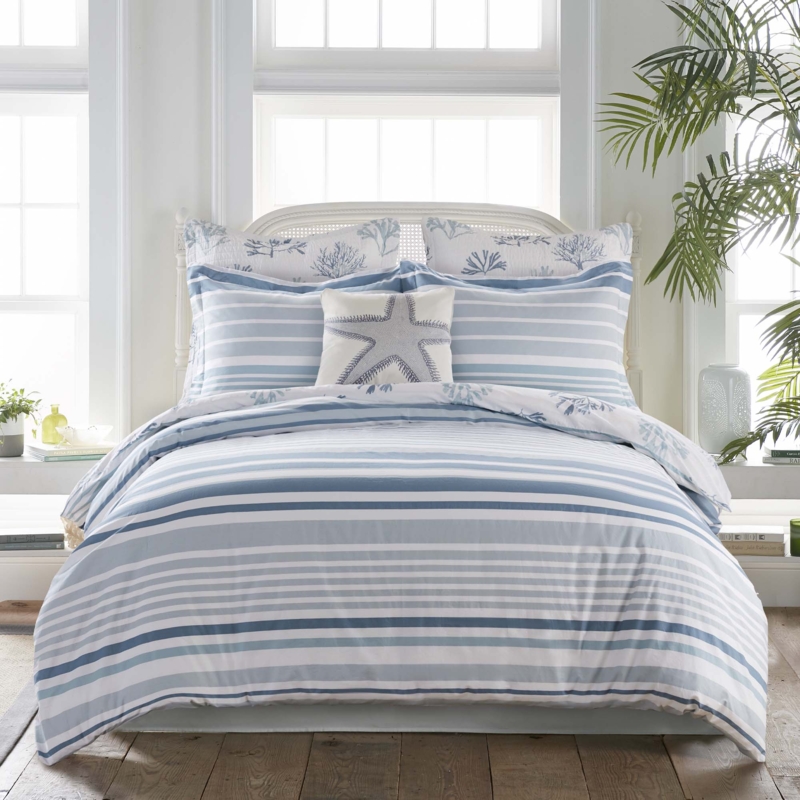 Duvet Cover Set: Blue Distressed Horizontal Stripes, Coastal Style