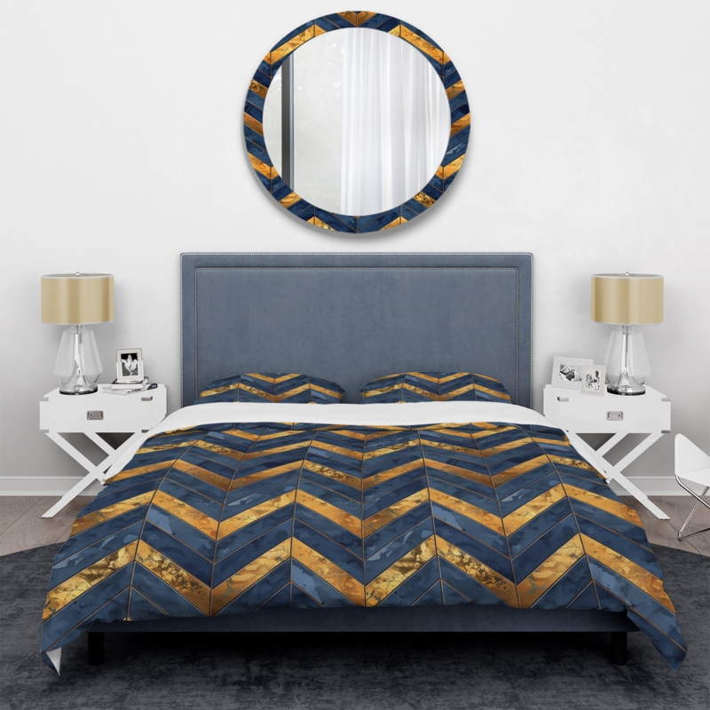 Duvet Cover Set Blue Gold Herringbone Geometric Pattern Bold