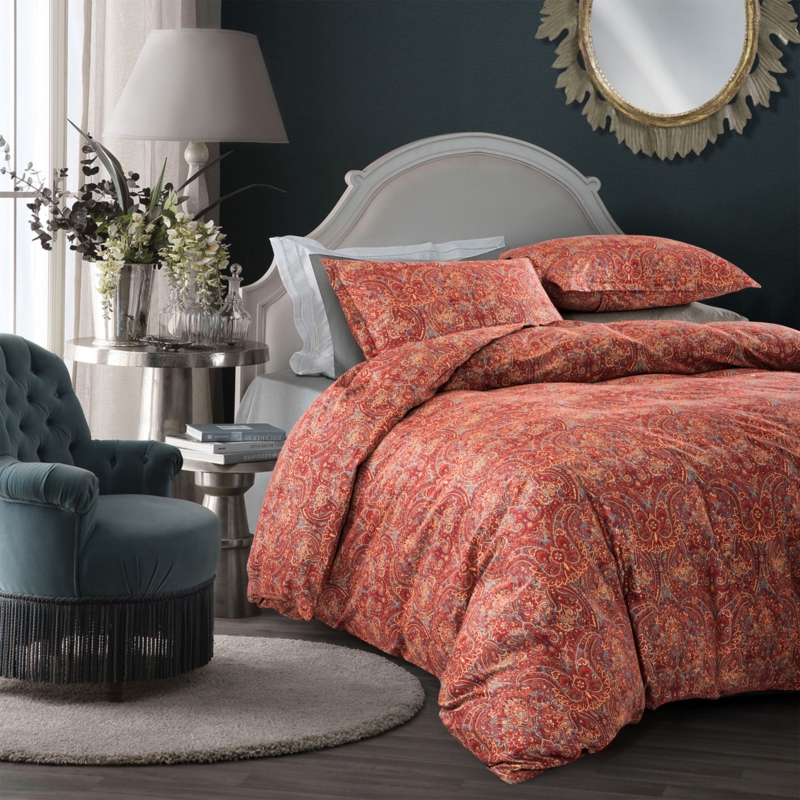 Duvet Cover Set Boho Chic Intricate Paisley Design Red Orange