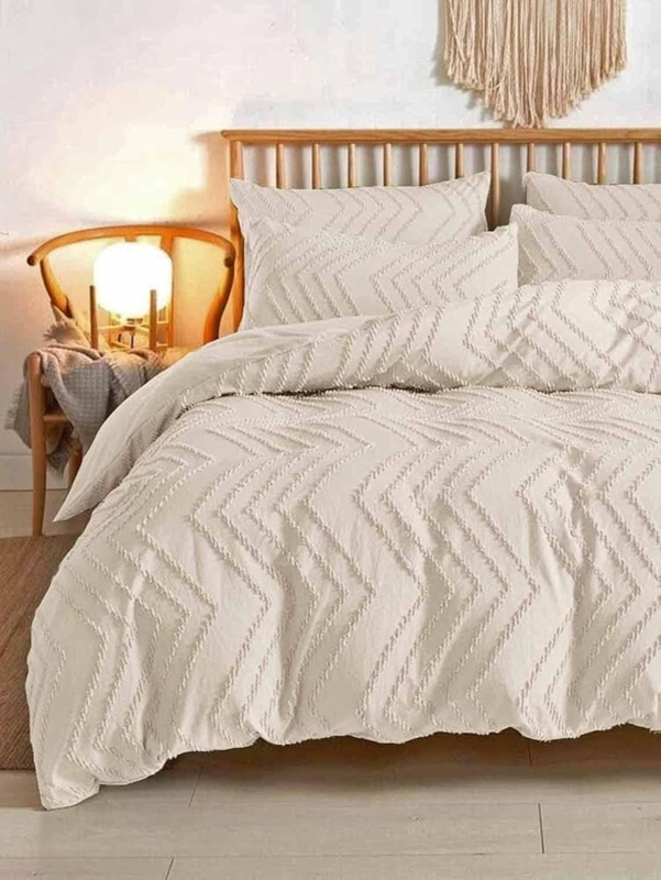 Duvet Cover Set Boho Chic Tufted Geometric Pattern Beige Bedding