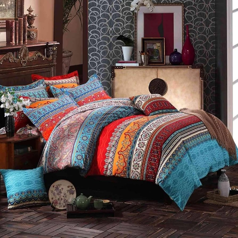Duvet Cover Set Boho Colorful Horizontal Stripes Eclectic Bedding