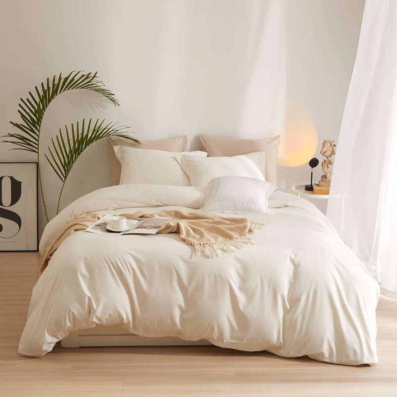 Duvet Cover Set, Boho Washed Microfiber Cream, Cozy Bedroom Bedding.