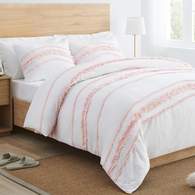 Duvet Cover Set Boho White and Pink Tufted Fringe Texture