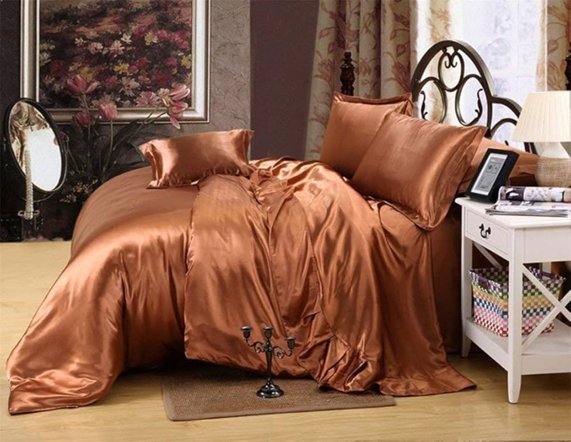 Duvet Cover Set Brown Satin Finish Matte Sheen Button Closure Earthy