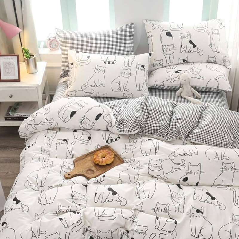 Duvet Cover Set Cartoon Cat Motif Minimalist Cat Print Kids Bedding