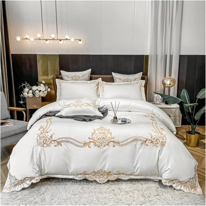 Duvet Cover Set Charcoal Gray Intricate Silver Embroidery Luxury