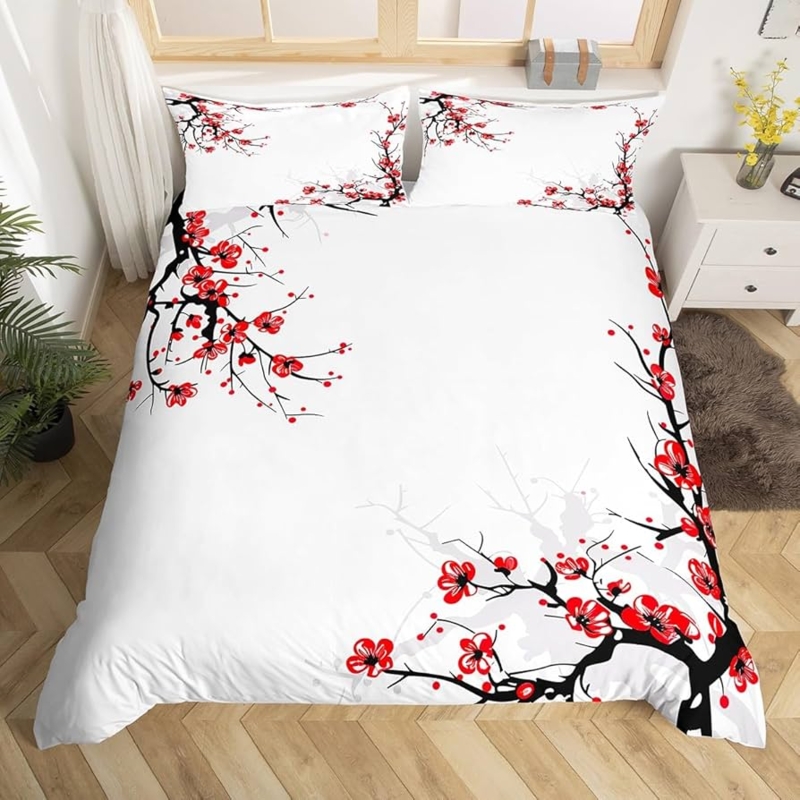 Duvet Cover Set Cherry Blossom Branch Print Asian Inspired Bedding