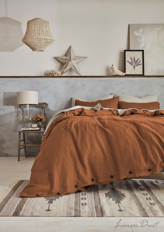 Duvet Cover Set Cinnamon Linen Like Wooden Buttons Rumpled Boho Style