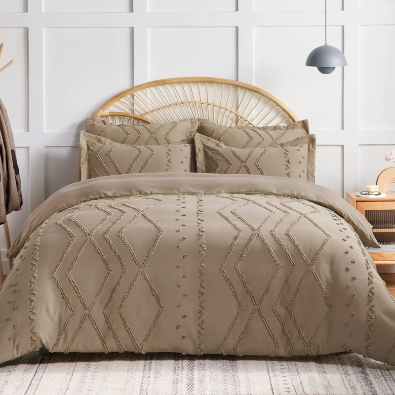 Duvet Cover Set Clipped Jacquard Tufted Geometric Cream Boho Chic