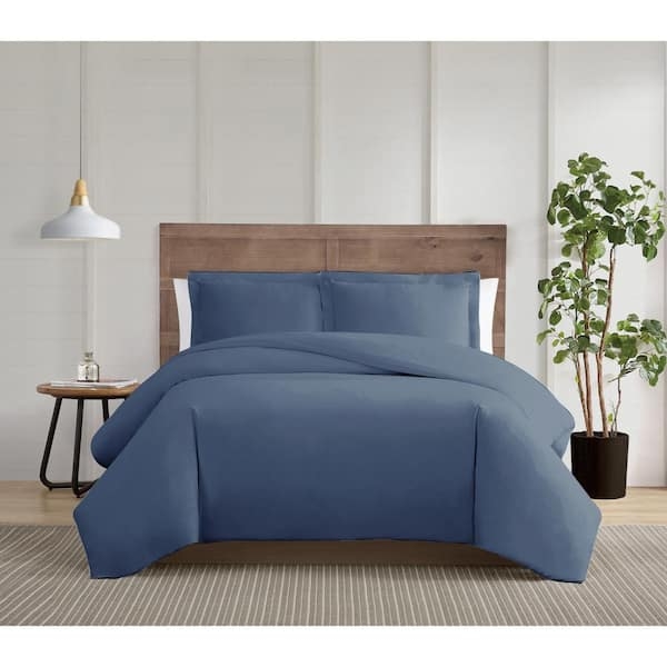 Duvet Cover Set: Cool Blue Cotton Bedding Matte Finish Minimalist