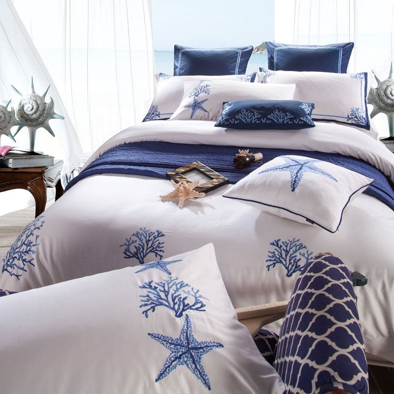 Duvet Cover Set Coral Pink and Teal Embroidered Marine Motifs Bedding