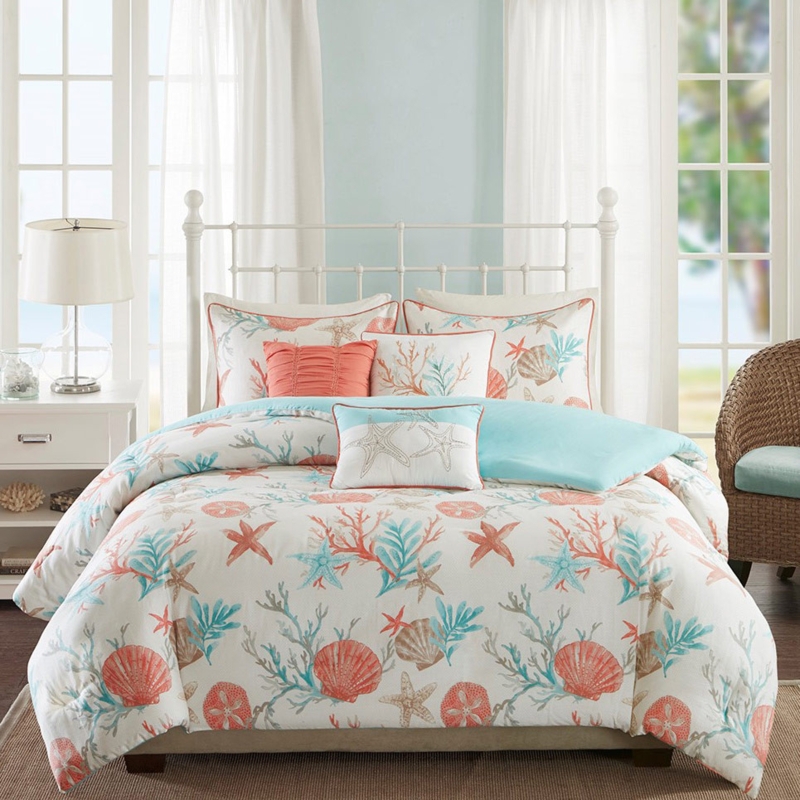 Duvet Cover Set: Coral Seashell Motif with Embroidered Pillows