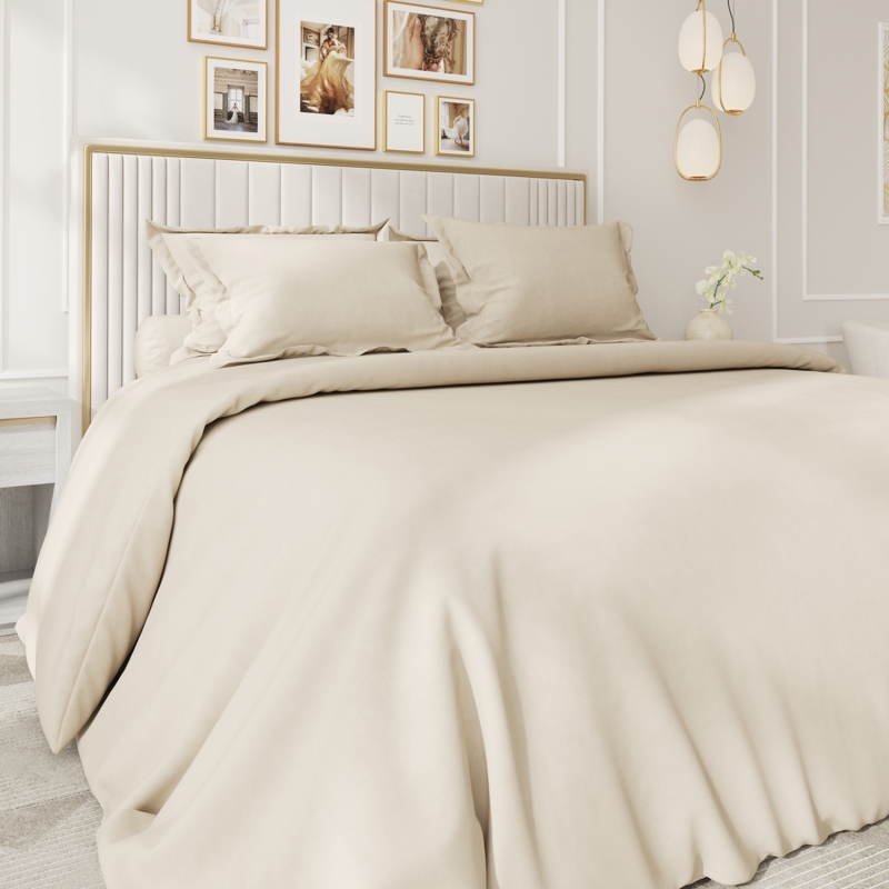 Duvet Cover Set Cotton Sateen Tan Visible Button Closures Minimalist