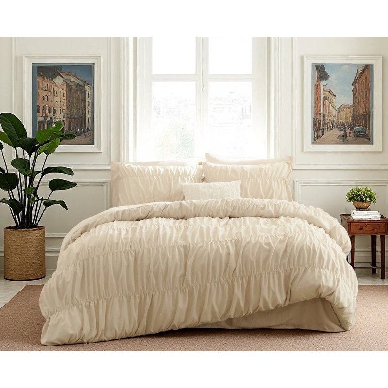 Duvet Cover Set Cream Diamond Ruching Ruffled Pillowcases Shabby Chic