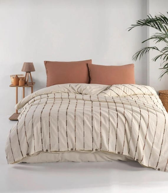 Duvet Cover Set Cream Navy Vertical Stripes Minimalist Farmhouse Boho