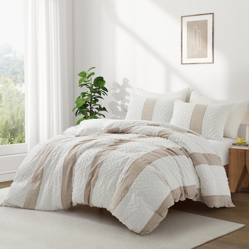 Duvet Cover Set Cream Textured Geometric Stripes Organic