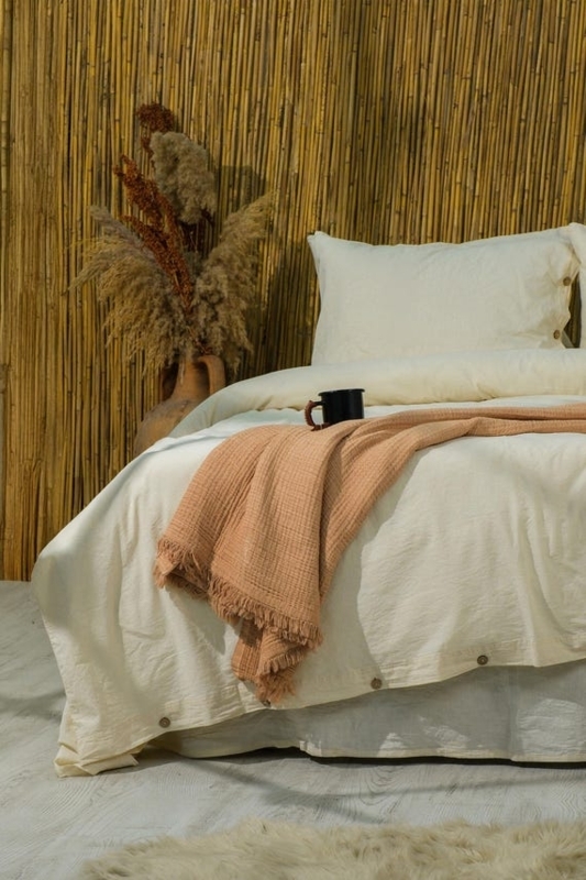 Duvet Cover Set Crinkled Texture Charcoal Gray Wooden Button Closure