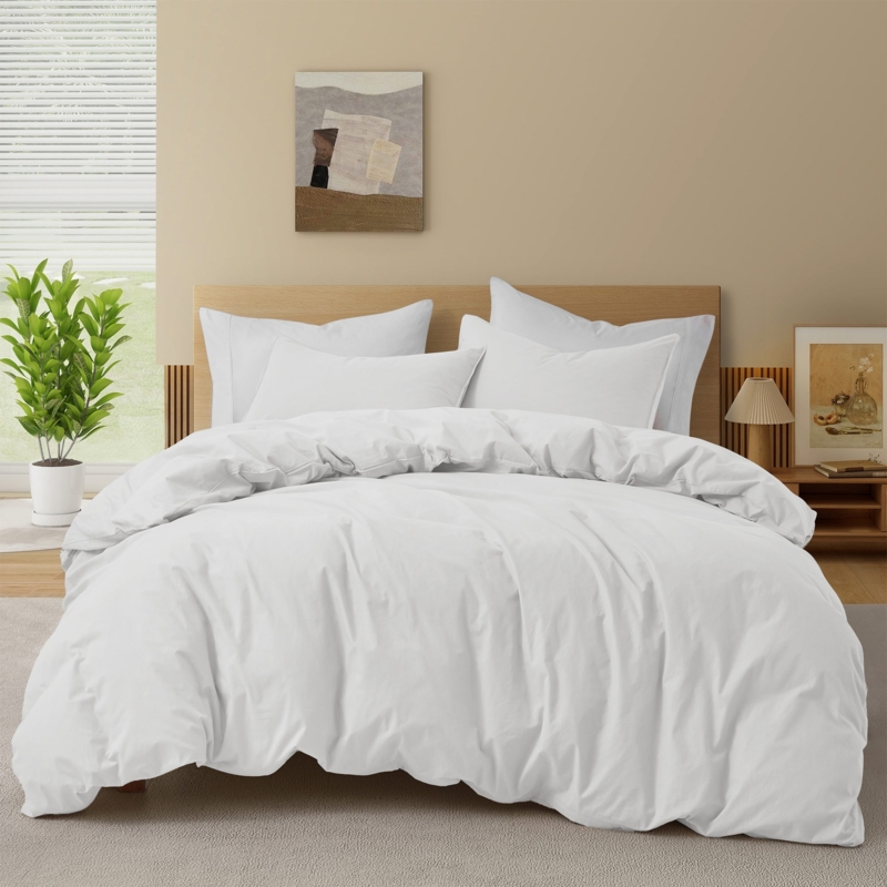 Duvet Cover Set Crisp White Cotton with Textured Shams, Airy White Bedding Ideas